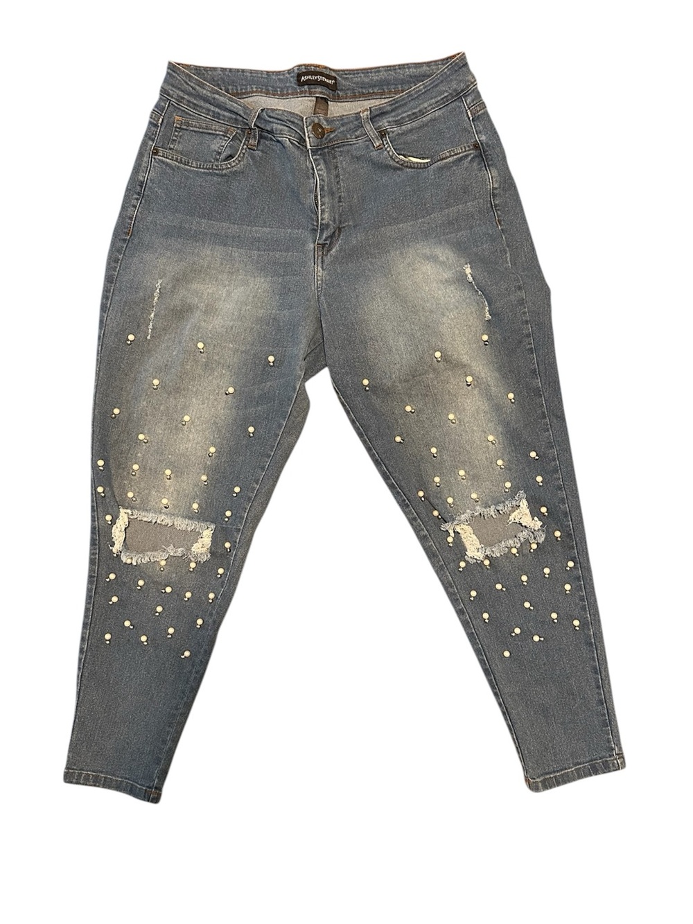 Ashley Stewart Blue Distressed Pearl-Embellished Jeans Size 16